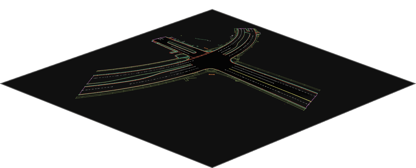 The same intersection reduced to AI-drafted CAD linework: lane lines, curbs, and striping with the point cloud hidden