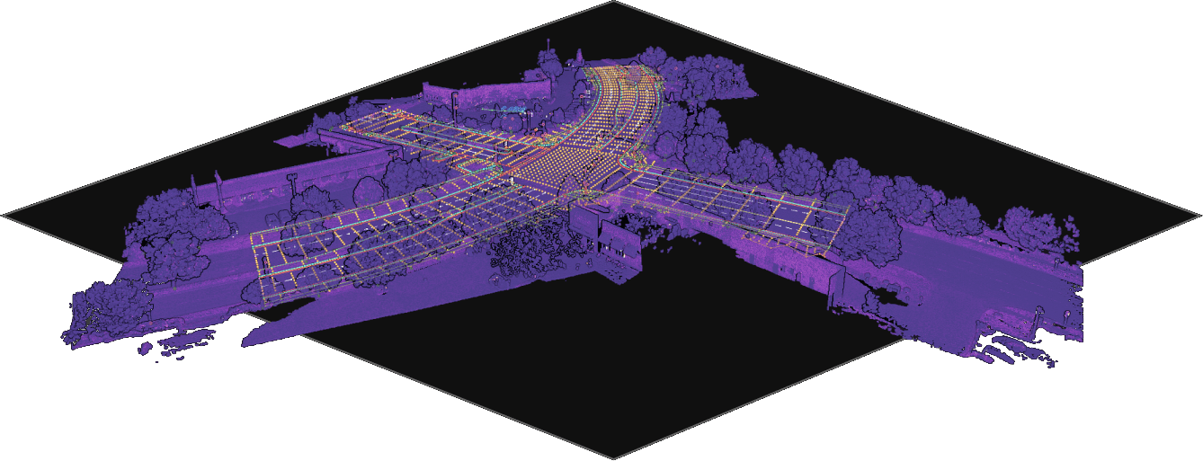 The intersection point cloud in a purple review palette with extracted breaklines and surface grid highlighted for QC